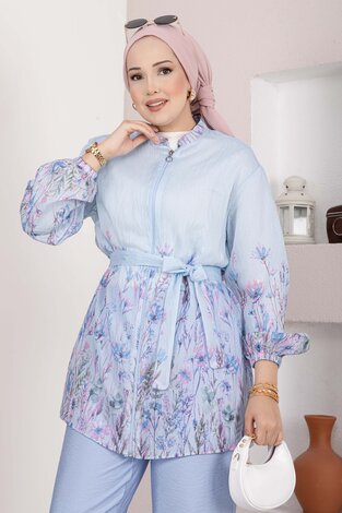 Çiçek Desen Kuşaklı Tunik Pantolon Takım Bebe Mavisi (1)