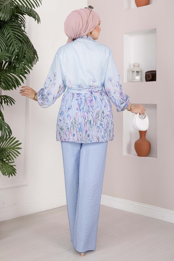 Çiçek Desen Kuşaklı Tunik Pantolon Takım Bebe Mavisi - 6