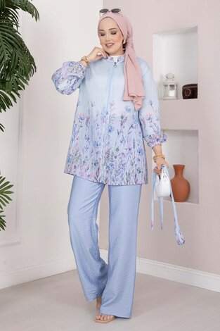 Çiçek Desen Kuşaklı Tunik Pantolon Takım Bebe Mavisi - 4