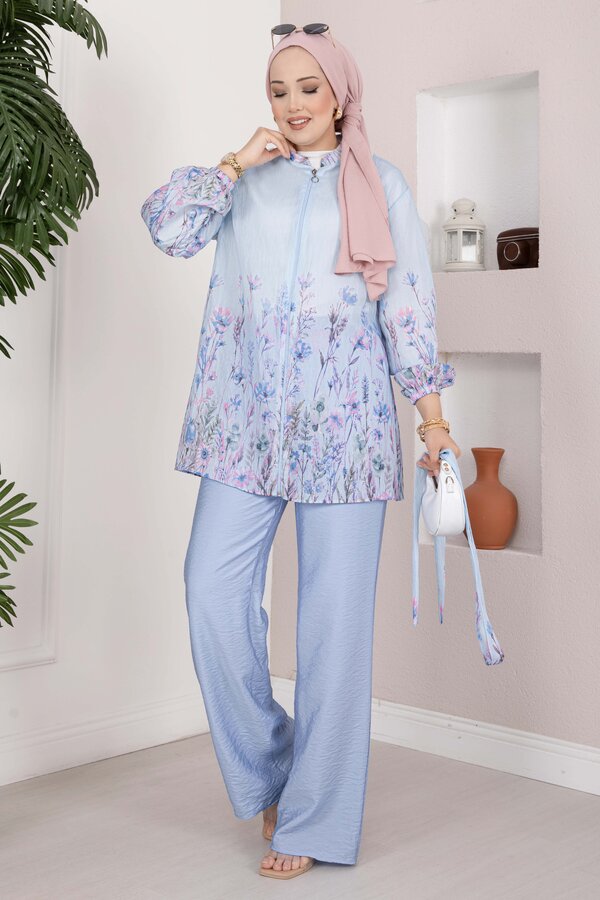 Çiçek Desen Kuşaklı Tunik Pantolon Takım Bebe Mavisi - 4