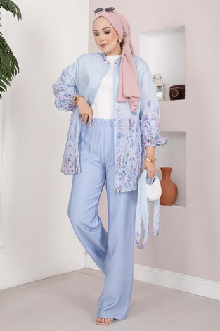 Çiçek Desen Kuşaklı Tunik Pantolon Takım Bebe Mavisi - 5