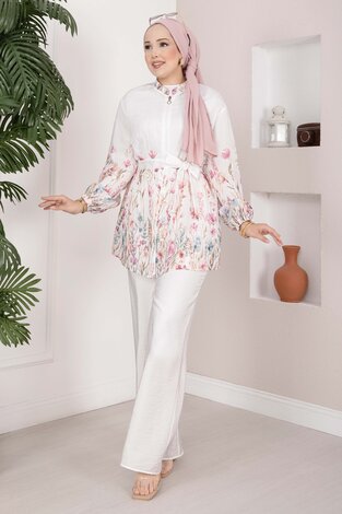 Çiçek Desen Kuşaklı Tunik Pantolon Takım Ekru - 3