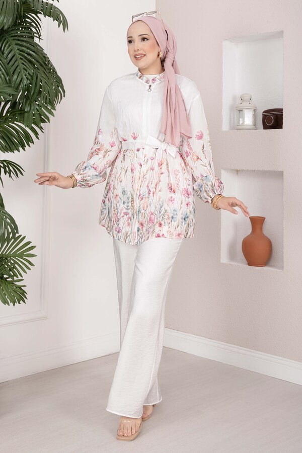Çiçek Desen Kuşaklı Tunik Pantolon Takım Ekru - 3