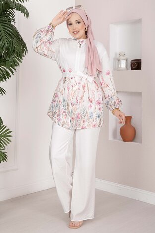 Çiçek Desen Kuşaklı Tunik Pantolon Takım Ekru - 4