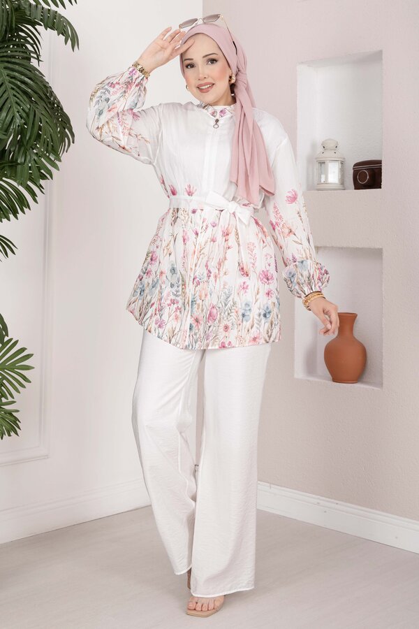 Çiçek Desen Kuşaklı Tunik Pantolon Takım Ekru - 4