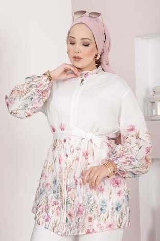 Çiçek Desen Kuşaklı Tunik Pantolon Takım Ekru (1)