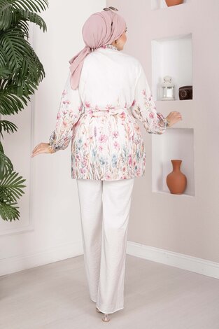 Çiçek Desen Kuşaklı Tunik Pantolon Takım Ekru - 6