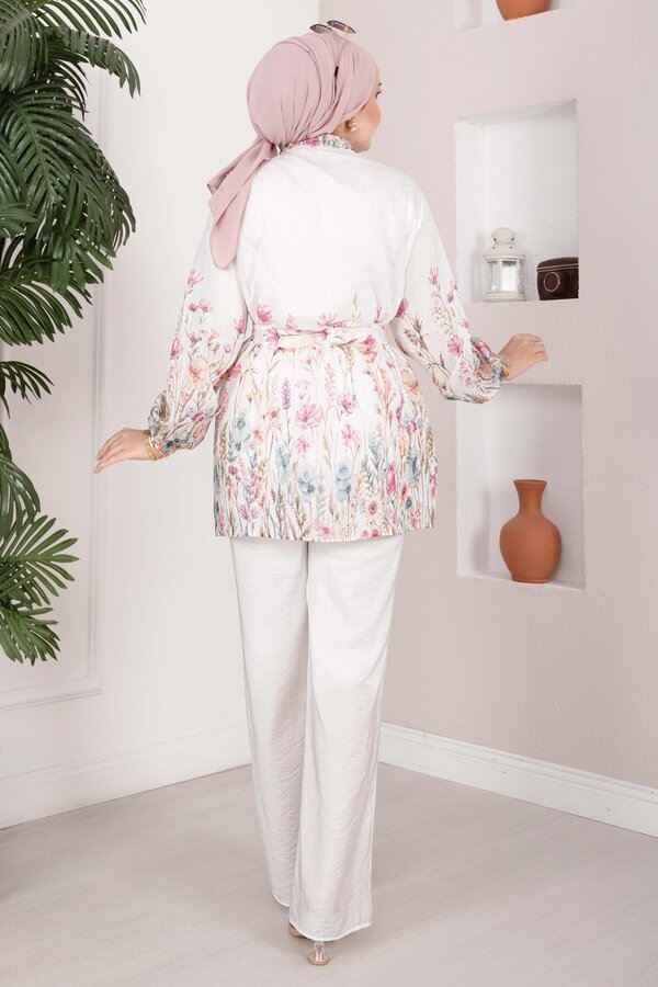 Çiçek Desen Kuşaklı Tunik Pantolon Takım Ekru - 6