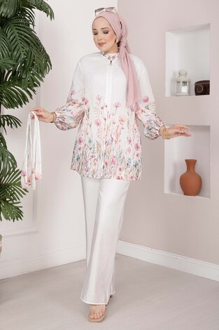Çiçek Desen Kuşaklı Tunik Pantolon Takım Ekru