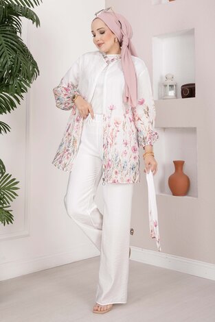 Çiçek Desen Kuşaklı Tunik Pantolon Takım Ekru - 5