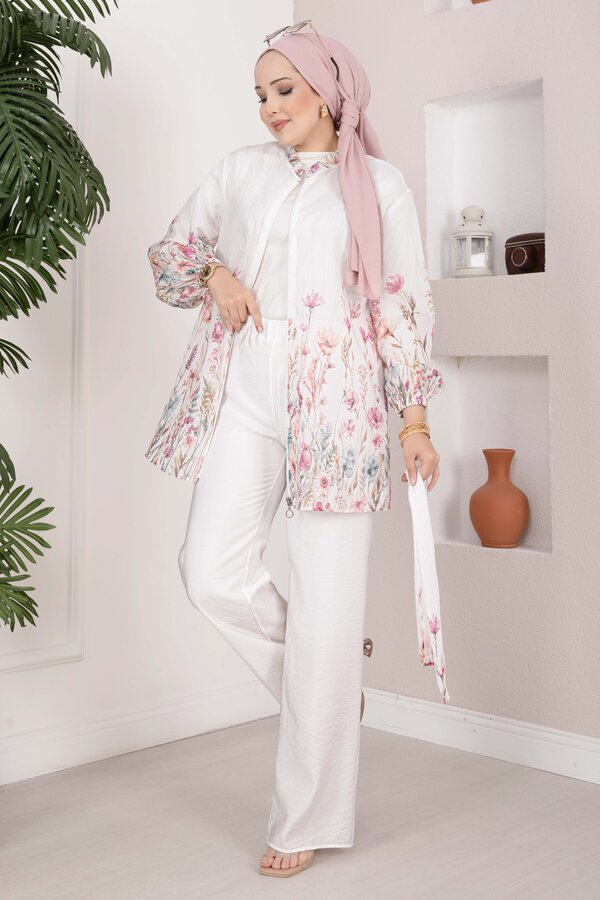 Çiçek Desen Kuşaklı Tunik Pantolon Takım Ekru - 5