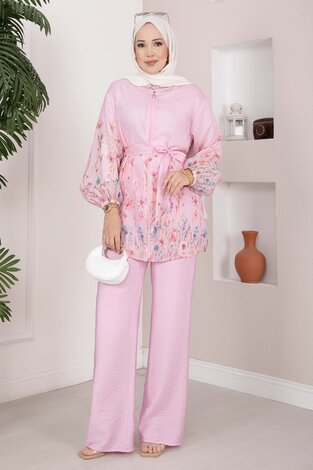 Çiçek Desen Kuşaklı Tunik Pantolon Takım Pembe