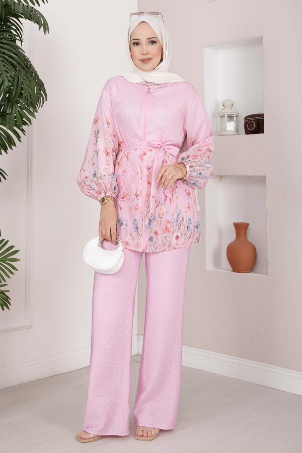 Efl - Çiçek Desen Kuşaklı Tunik Pantolon Takım Pembe