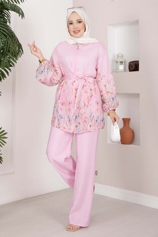 Çiçek Desen Kuşaklı Tunik Pantolon Takım Pembe - 3