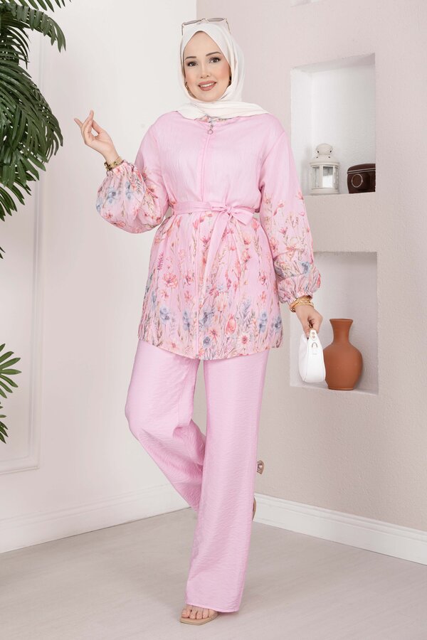 Çiçek Desen Kuşaklı Tunik Pantolon Takım Pembe - 3
