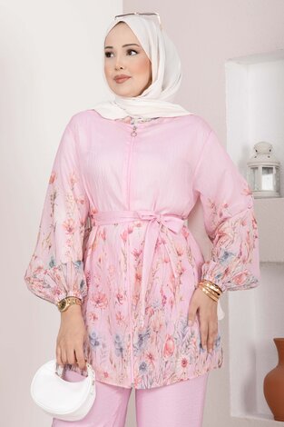 Çiçek Desen Kuşaklı Tunik Pantolon Takım Pembe (1)