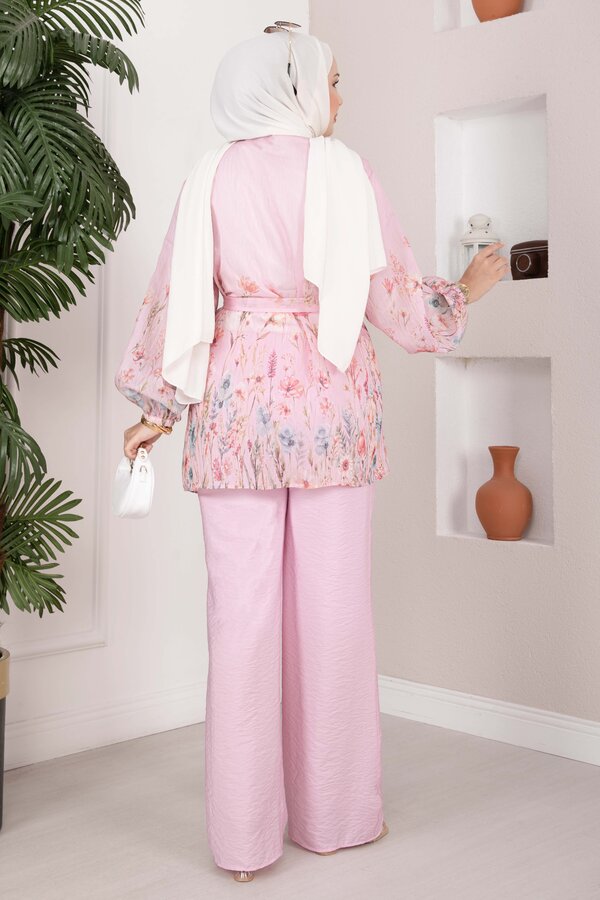 Çiçek Desen Kuşaklı Tunik Pantolon Takım Pembe - 6