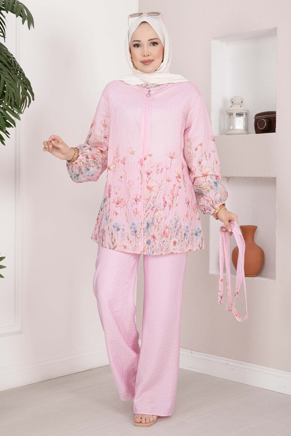 Çiçek Desen Kuşaklı Tunik Pantolon Takım Pembe - 4