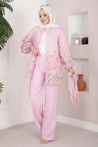 Çiçek Desen Kuşaklı Tunik Pantolon Takım Pembe - 5