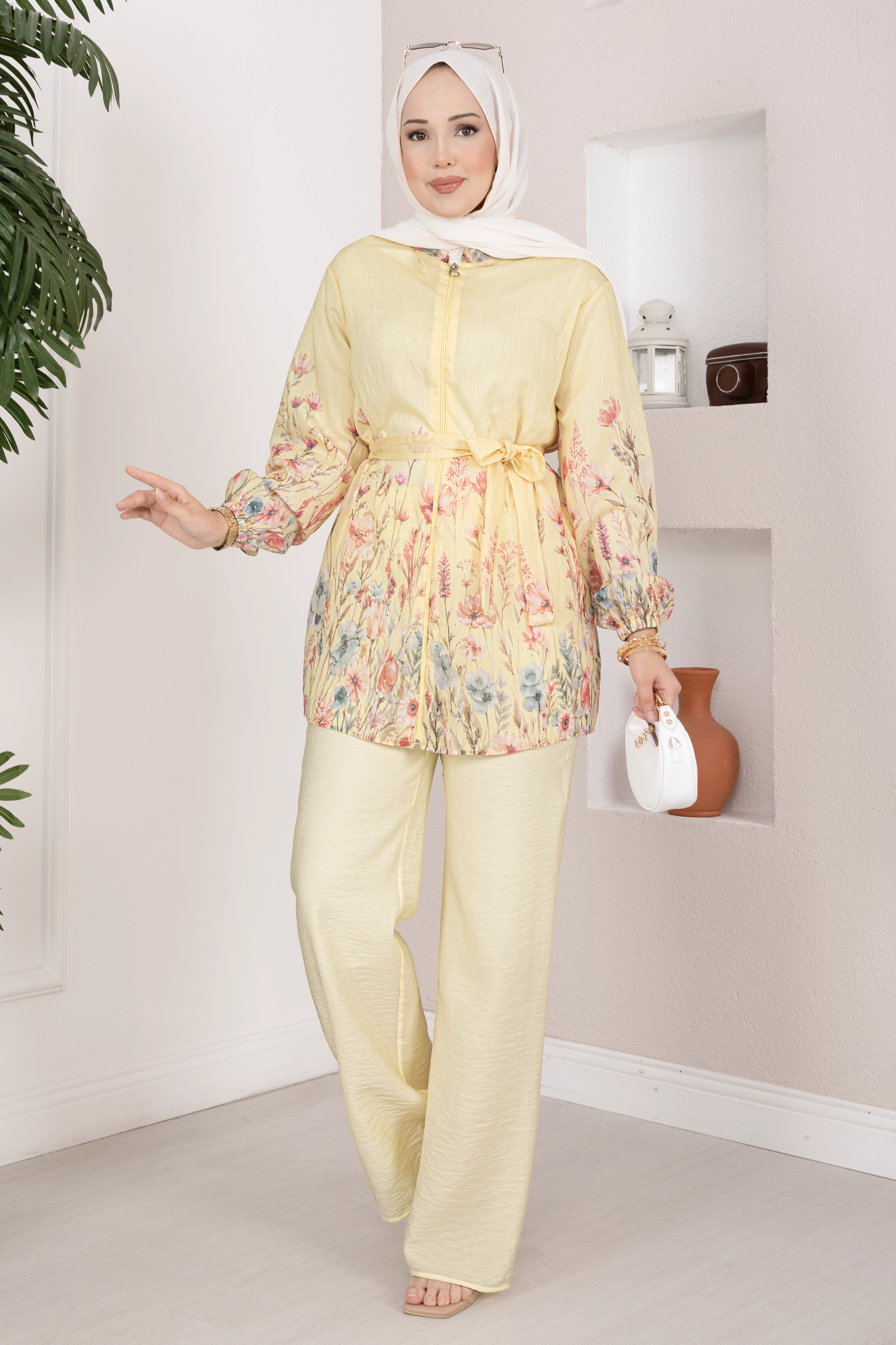 Efl - Çiçek Desen Kuşaklı Tunik Pantolon Takım Sarı
