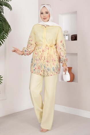Çiçek Desen Kuşaklı Tunik Pantolon Takım Sarı