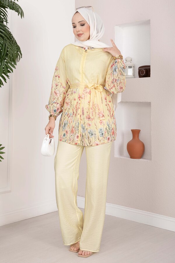 Çiçek Desen Kuşaklı Tunik Pantolon Takım Sarı - 3
