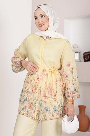 Çiçek Desen Kuşaklı Tunik Pantolon Takım Sarı (1)