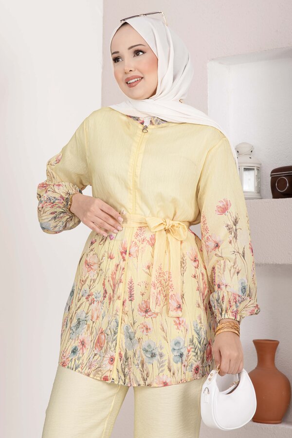 Efl - Çiçek Desen Kuşaklı Tunik Pantolon Takım Sarı (1)