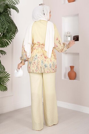 Çiçek Desen Kuşaklı Tunik Pantolon Takım Sarı - 6