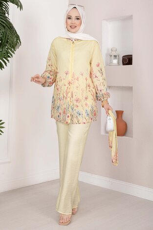 Çiçek Desen Kuşaklı Tunik Pantolon Takım Sarı - 4