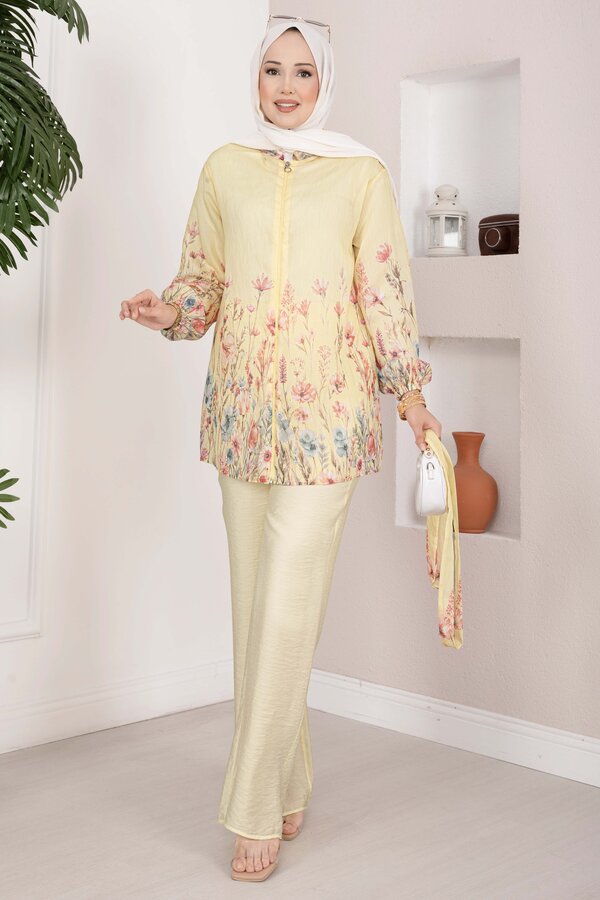 Çiçek Desen Kuşaklı Tunik Pantolon Takım Sarı - 4