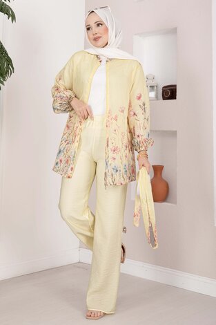 Çiçek Desen Kuşaklı Tunik Pantolon Takım Sarı - 5