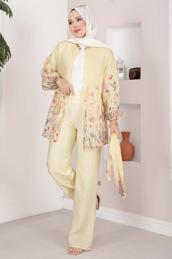 Çiçek Desen Kuşaklı Tunik Pantolon Takım Sarı - 5