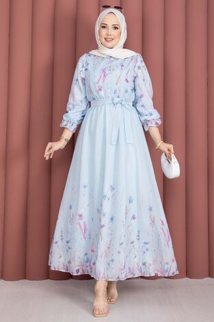 Çiçek Desen Yarım Düğmeli Kuşaklı Elbise Bebe Mavisi