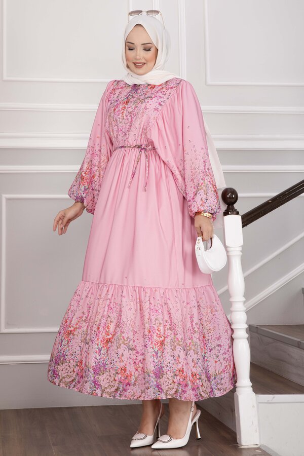 Çiçek Desen Yarım Düğmeli Elbise Pembe - 3