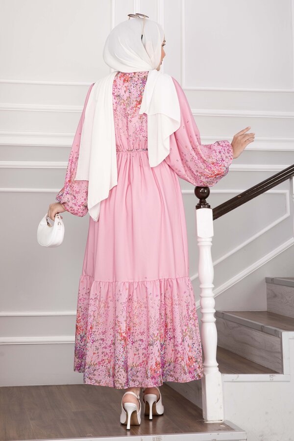 Çiçek Desen Yarım Düğmeli Elbise Pembe - 4