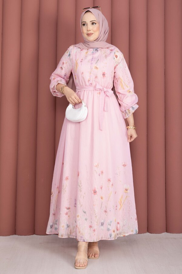 Çiçek Desen Yarım Düğmeli Kuşaklı Elbise Pembe - 3