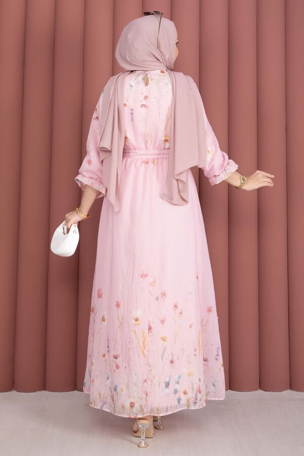 Çiçek Desen Yarım Düğmeli Kuşaklı Elbise Pembe - 4