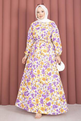 Çiçek Desenli Beli Büzgülü Kuşaklı Elbise Mürdüm - Thumbnail