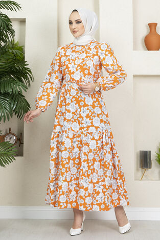 Çiçek Desenli Elbise 100MD-10546 Turuncu - Thumbnail