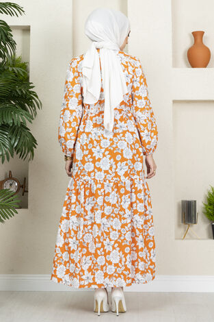 Çiçek Desenli Elbise 100MD-10546 Turuncu - Thumbnail