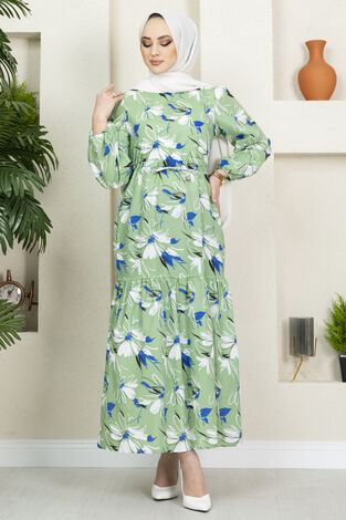 Çiçek Desenli Elbise 100MD-10546 Yeşil - Thumbnail