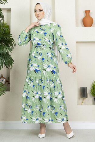 Çiçek Desenli Elbise 100MD-10546 Yeşil - Thumbnail