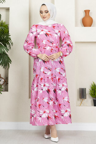 Çiçek Desenli Elbise 100MD-10546 Pembe - Thumbnail