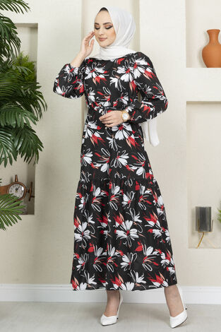 Çiçek Desenli Elbise 100MD-10546 Siyah - Thumbnail