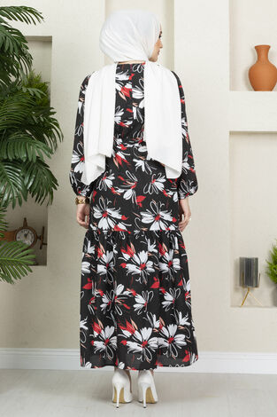 Çiçek Desenli Elbise 100MD-10546 Siyah - Thumbnail
