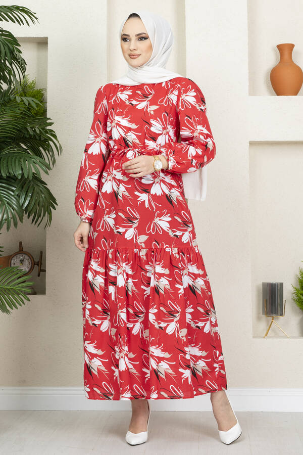 Çiçek Desenli Elbise 100MD-10546 Kırmızı
