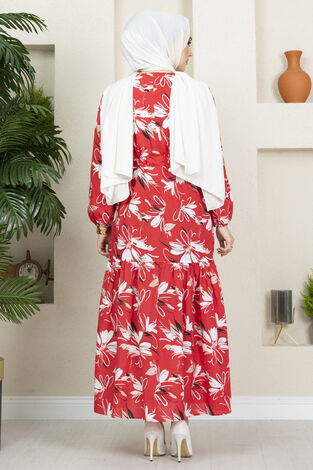 Çiçek Desenli Elbise 100MD-10546 Kırmızı - Thumbnail