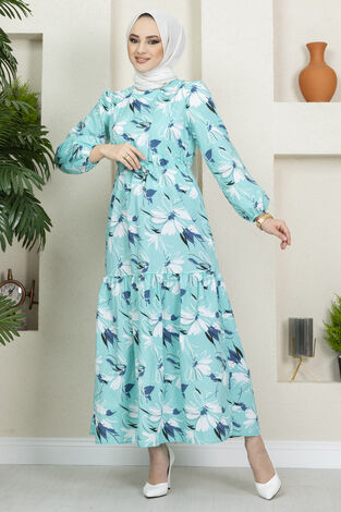 Çiçek Desenli Elbise 100MD-10546 Turkuaz - Thumbnail