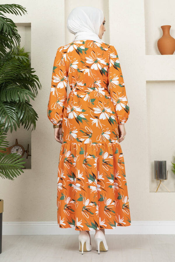 Çiçek Desenli Elbise 100MD-10546 Turuncu